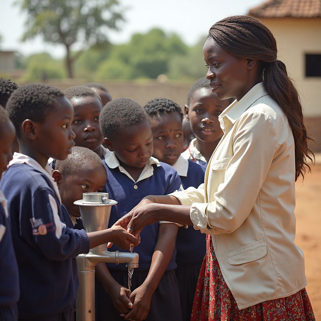 Alakoso ile-iwe pẹlu awọn ọmọ ile-iwe ni ile-iṣẹ omi